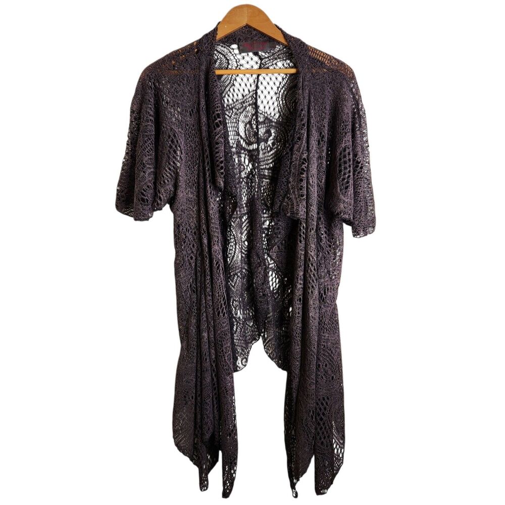 Vtg Y2K My Pretty Angel Lace Forest Fairy Asymmetric Open Knit SS Cardigan Sz L